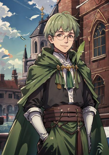 masterpiece, detailed background, outdoors, sky, cloud, church, looking at viewer, smile, <lora:IgnatzVictor-10:0.65>, warIgnatz,1boy,glasses,green cape,feathers