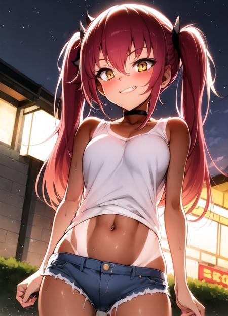 masterpiece,1girl,  <lora:kyockcho-17:1> kyockcho,  outdoors, street, lantern,night, stars,  red hair, twintails, very long hair,yellow eyes, grin, fang, blush, tank top, denim shorts, midriff, thighhighs, hands in pockets, choker,  tan,