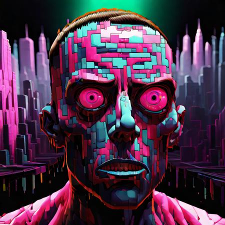 game_face a futuristic city with a ludicrous, multicolored head, in the style of expressive facial animation, distorted and fractured, dark pink and light emerald, goerz hypergon 6.5mm f/8, voxel art, 32k uhd, conceptual sculptures