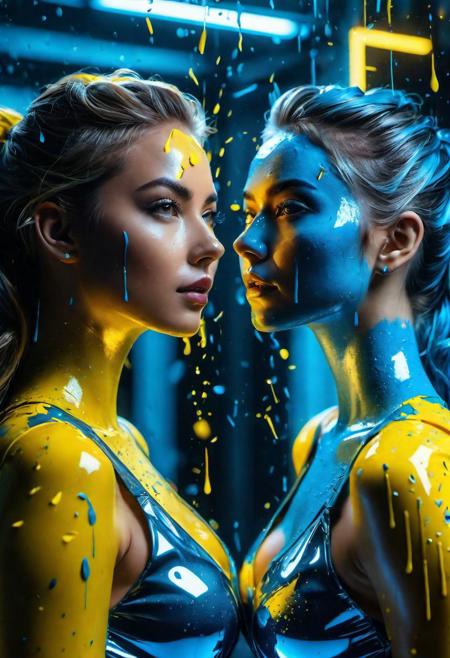 (RAW photo, subject, 8k uhd, dslr, soft lighting, high quality, film grain, Fujifilm XT3, masterpiece, best quality, extremely detailed photograph, volumatic light, ray tracing, bust shot , extremely detailed 8k wallpaper), two women, wrapped in light flowing with yellow and blue paint, mirror splatters around the figure, metallic colors in background, hdr, half body,