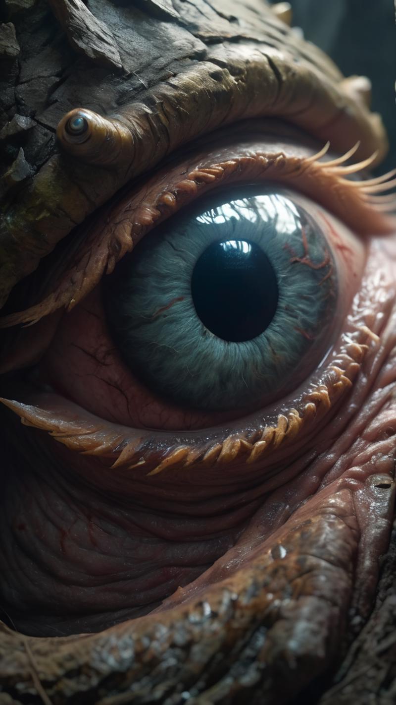 A close-up of a creature's eye with a long eyelash.