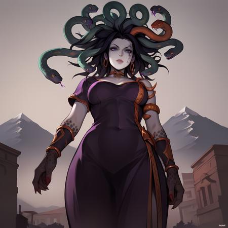 Medusa_KI snake hair, colored skin, jewelry, staff, pale skin, purple dress