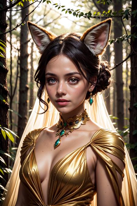 Portrait of a girl with fox ears wearing a golden gossamer twinkling gown, up close, 8k, high quality, golden sparkling lighting, hair in a messy bun, beautiful dark fantasy forest background, DarkFantasy