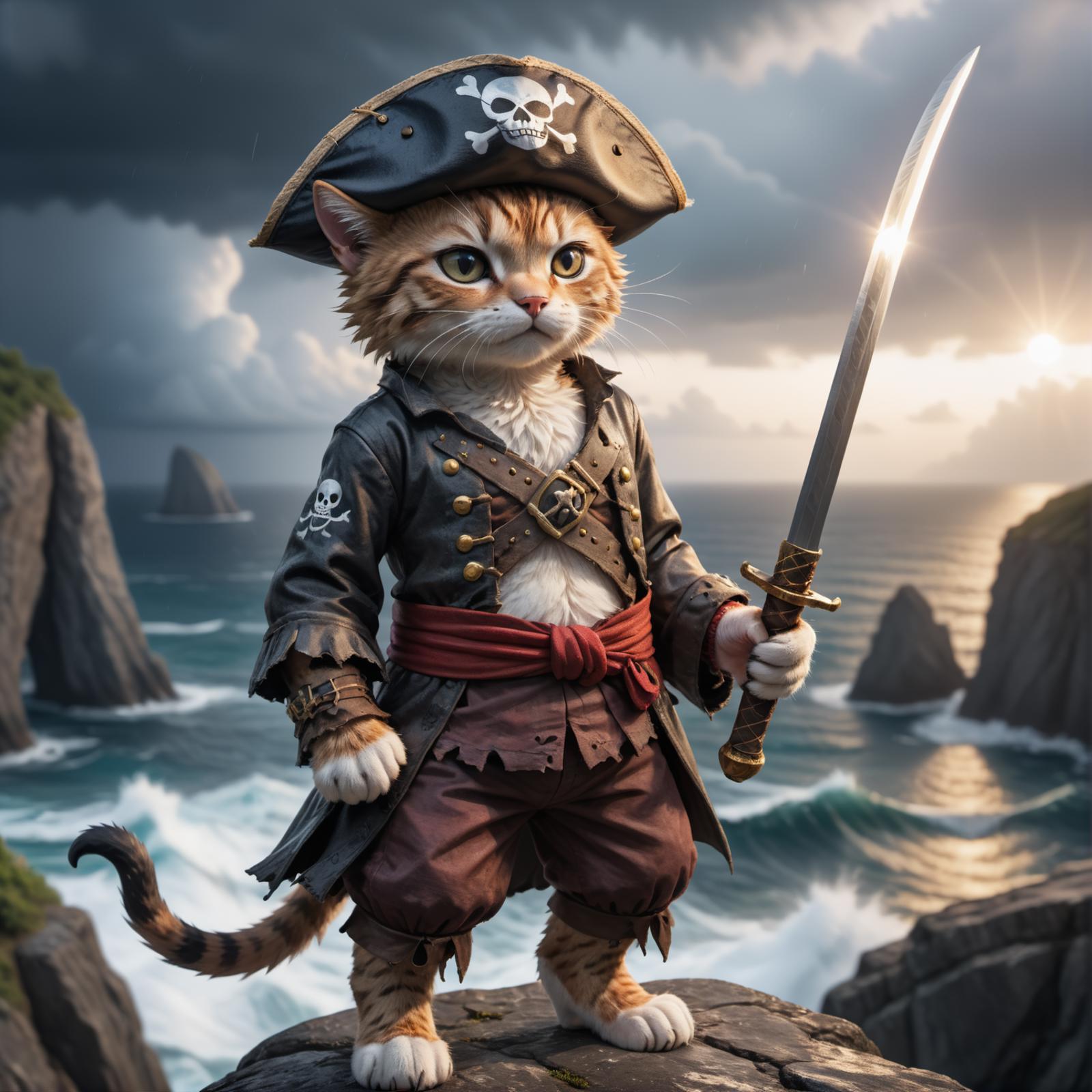 A cartoon cat dressed as a pirate with a sword.