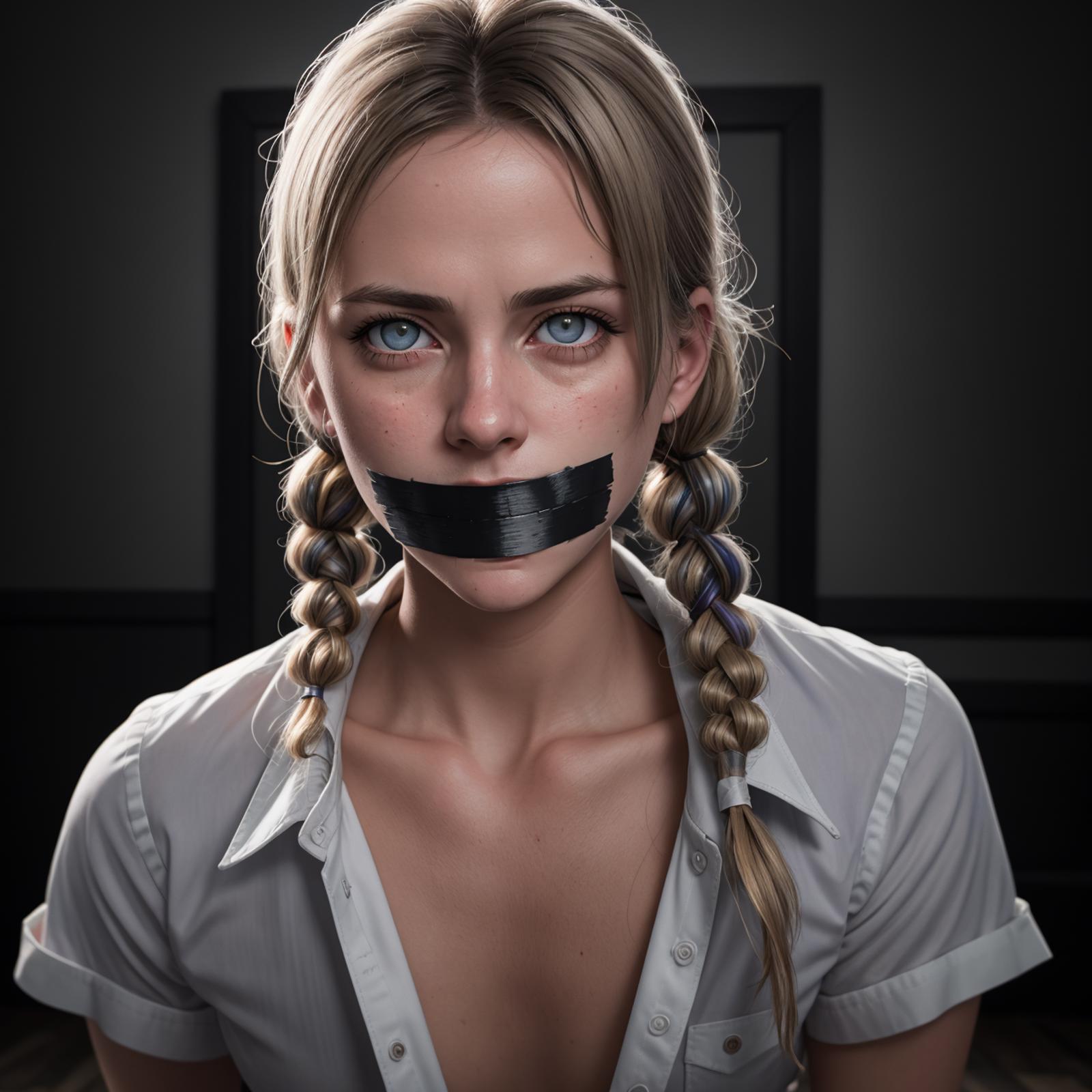 Girl with blonde braids and a black tape on her mouth.