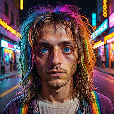 hyperealistic portrait photo, in a future the human is big head and rounded big eyes, have hippie hair with rainbow colors, the night is coming in the street, neon lights in background, high detailed