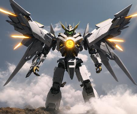 dramatic angle,dynamic angle,an extremely delicate and beautiful mecha, 8k wallpaper,masterpiece,best quality,illustration,mecha,black+gold mechanical body, science_fiction, glowing, holding_gun, no_humans, realistic, red_eyes, solo, open_hand, wings, full_body, mechanical_wings, standing, glowing_eye, weapon,  cloud, glowing_eyes, jet, day, sword,flying,sunbeam, sunlight,realistic, broken,dust,smoke