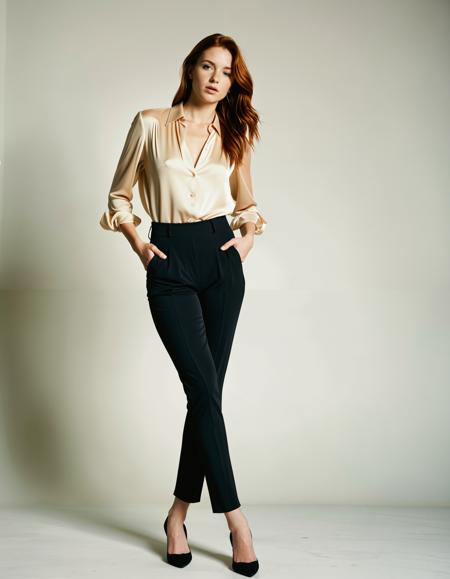 RAW full body analogue photo of a beautiful 25 years old auburn haired woman, clear focus, high resolution image, <lora:Jane_Auburn_SDXL:0.7>,wearing champagne colored silk blouse with high-waisted black trousers and pointed mules, ,low light, soft natural light, Rembrandt style light, Hasselblad DLSR camera, 200mm Zeiss lens, f/2.8, ,Sexy pose, erotic pose, exhibitionism ,Savannah