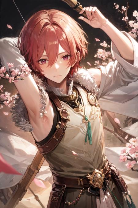 masterpiece, best quality, extremely detailed, detailed background, detailed face, male focus, 1boy, solo, bow (weapon), arrow (projectile), weapon, holding, holding bow (weapon), red hair, short hair, holding weapon, long sleeves, holding arrow, arms up, fur trim, upper body, quiver, border, cherry blossoms, bangs, petals, pink flower, closed mouth, drawing bow, flower, looking at viewer, purple eyes, white border, pink eyes, branch, wide sleeves, beads, hair between eyes