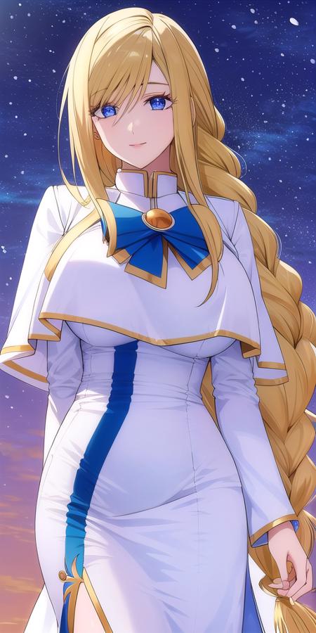 <lora:florence_aliciaV1:0.7> florence_alicia, huge_breasts, standing, solo, Winter_aria_company_uniform_White_long_dress_White_capelet_Blue_bowtie_Long_sleeves_high_collar_Side_slit,, masterpiece, best quality, detailed face, detailed eyes, highres,