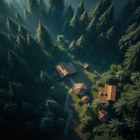 top down view of a large sci fi indigenous peoples settlement in a forest (up close, flora, masterpiece sci-fi dark gritty hyperrealisitic concept art 8k) , dappled light forest. raining, fires