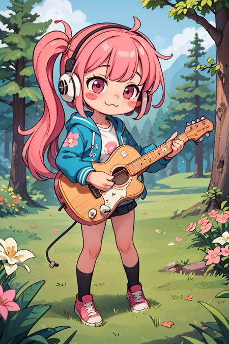 masterpiece,best quality,1 chibi girl very cute with pink hair and blushed, flower, outdoors, playing guitar, music, holding guitar, jacket, :3, shirt, long pinkhair in one side ponytail, pine trees, pink hair, blush stickers, long sleeves, bangs, headphones, flowers,<lyco:GoodHands-beta2:1.0> <lora:more_details:0.3>,