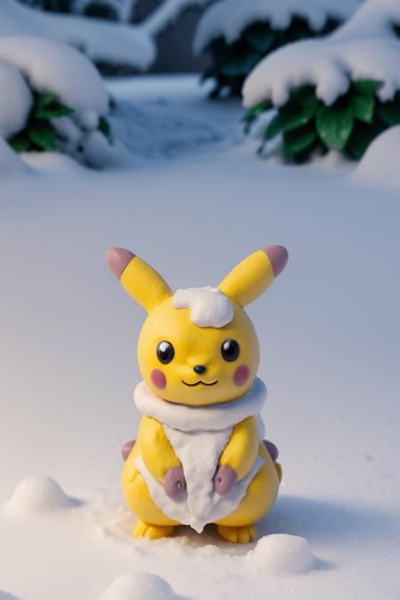 clayanim, solo, close- up of Pikachu, snow, in a winter garden,  <lora:ClayAnim:1>, dof, sharp focus