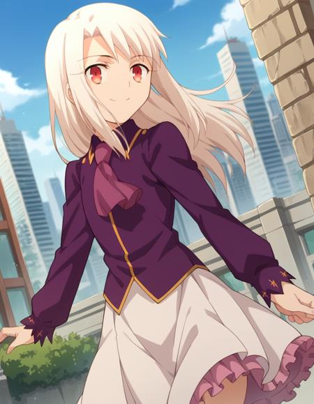 illyasviel von einzbern, long hair, red eyes, white hair, hat, boots, scarf, coat, capelet, white scarf, purple headwear, fur hat, papakha, skirt, shirt, long sleeves, boots, ascot, white skirt, frilled skirt, purple shirt,