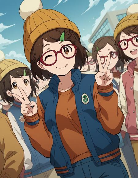 risa aoi, short hair, brown hair, hair ornament, brown eyes, glasses, hairclip, red-framed eyewear, medium breasts, shirt, hat, jacket, pants, vest, beanie, jacket, pants, track jacket, track suit, haori,