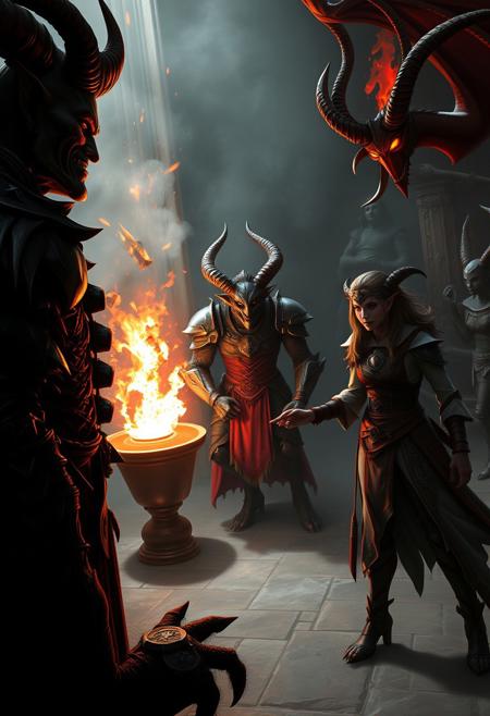 A dramatic fantasy scene: an ifrit (fire demon) with a cold, arrogant smirk, standing opposite another character, tension thick in the air. The ifrit is tall, with glowing fiery eyes, dark skin, and intricate, menacing armor. Nearby, a lower-ranking demon, now a mid-rank demon, stands confidently, handing over a medallion to a female ifrit clerk. The clerk, initially calm, suddenly freezes in shock, her fiery eyes widening like blazing saucers, her mouth slightly open in disbelief. Behind her, a magical artifact sparks and crackles with intense energy, drawing the attention of everyone in the room. The atmosphere is charged with power, pride, and the weight of past battles. Dark fantasy style, highly detailed, dramatic lighting, and expressive character emotions