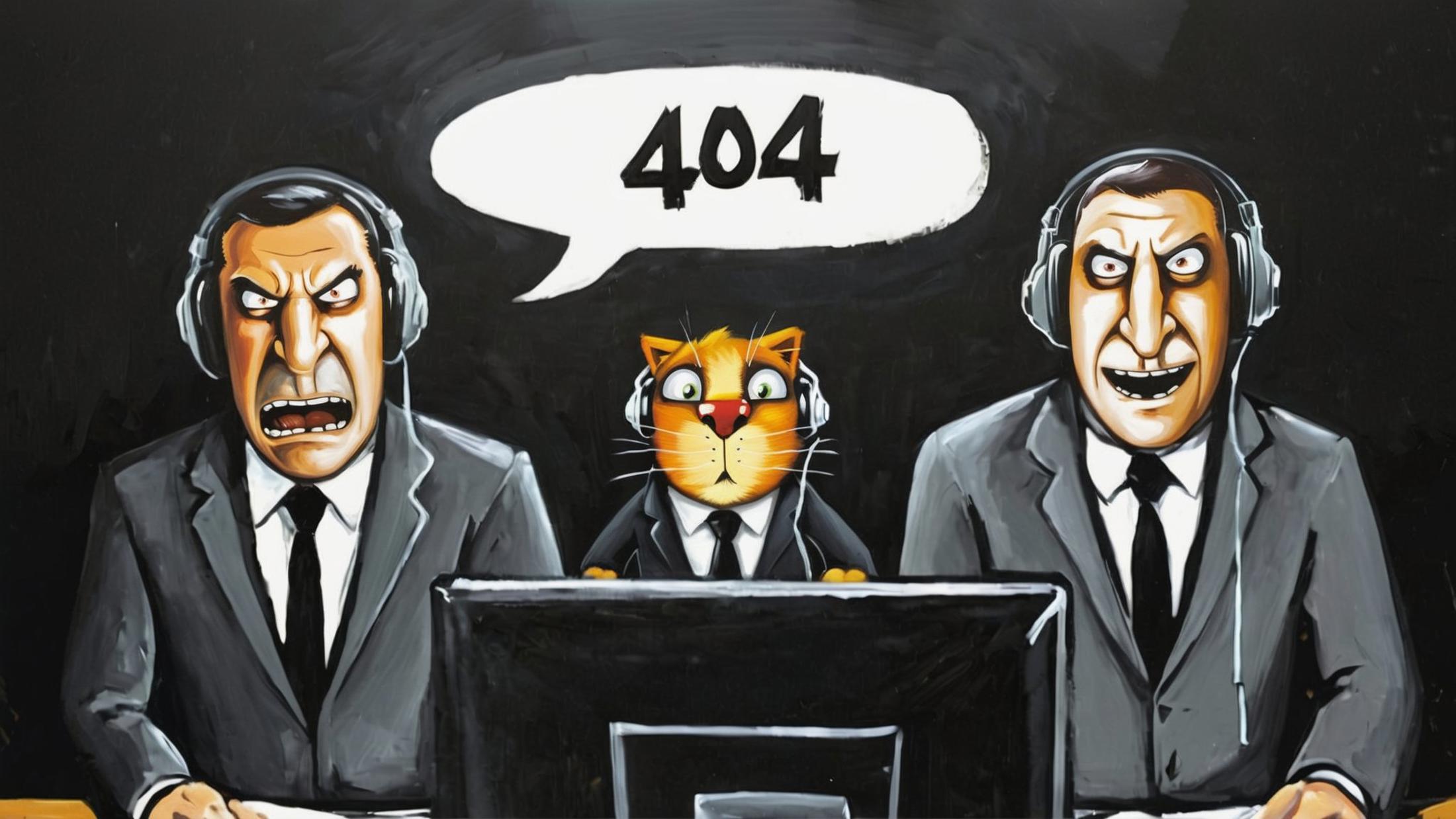 A cartoon cat in a suit with a "404" bubble above its head.
