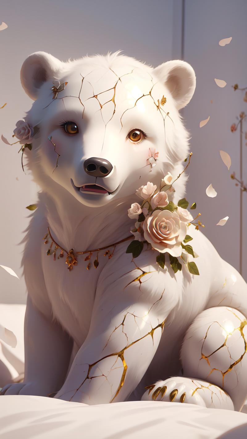 A white, gold-adorned dog with a rose in its fur.