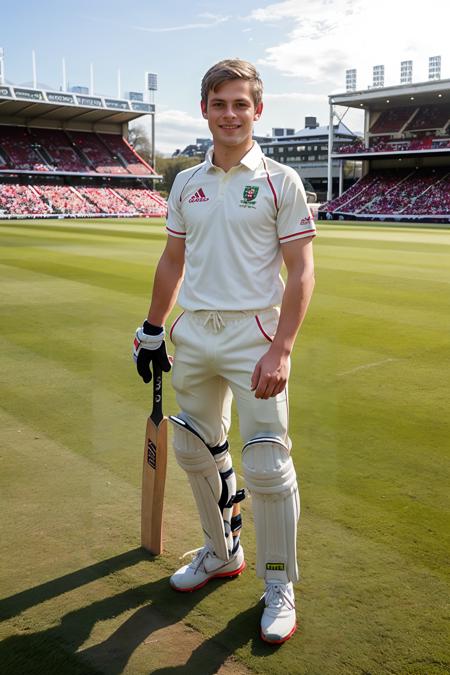 Lord's Cricket Ground, London, grass field, standing, smiling, JackWindsor wearing a cricket whites uniform, white trousers, white shirt, white wool jumper, cricket batting pads, leg guards, holding a cricket bat, (((full body portrait))), wide angle  <lora:JackWindsor-000008:0.8>