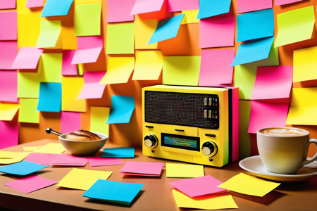 Jed-StickyN, radio made of sticky notes colorful antenna, cozy café with soft music, detailed background, best quality, vibrant colors, photorealistic style, high detail, hyper-realistic, highres, 4K resolution, realistic photo, masterpiece, ultra-detailed, golden tones, warm light, close-up shot, <lora:StickyNotesStyle:1>