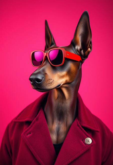 The best mobile wallpaper, Award-winning wallpaper, Portrait Photography, In front view is a portrait of a dobermann wearing 1960s mid-century space-age fashion, Side view shot, Shot with Canon EOS R5, Setting a stark contrast that accentuates the subject, Fluorescent maroon shade, Wearing a very fashionable lounge coat and sunglasses are a hip 1960s style, Clothing all in one color, Beautiful background
