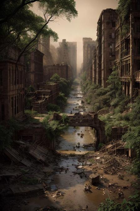 fantasy, surrealistic, (sepia photography:1.5), a young woman in a torn drab party dress is standing amongst the (ancient:1.4 ruins of new york city:1.4),  (piles of human skulls and bones litering the scene:1.1), (all around a beautiful idealic scene, a river running through the view, clear sky, lush forest in the distance:1.1), flock of flying birds,  quiet dangerous beauty
by annie lieberwitcz