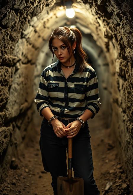 25 year old female convict working in a mine, standing in a tunnel, heavy handcuffs on the wrists, heavy chain and ankles shackels, steel collar, prison clothing with black and white stripes, brown hair in a ponytail, shovel in hands