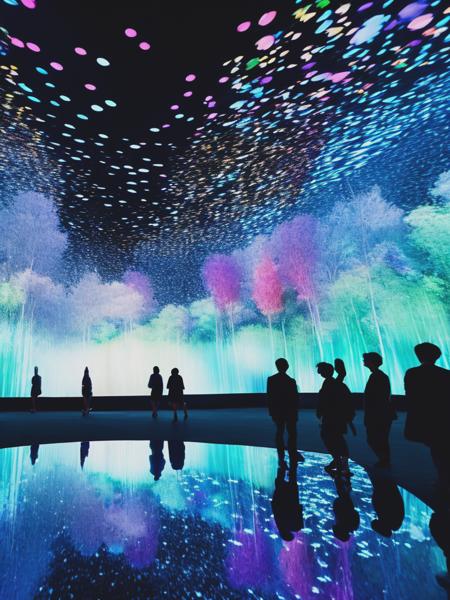 <lyco:teamLab:1.0> Grand space, teamlab art style, immersive, showing social changes, people's life, environmental changes, 80s of last century, projection, light and shadow interlacing