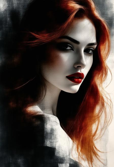 A portrait rendered in inksketch and sepia tones, depicting a breathtaking Spaniard woman whose long red hair shimmers with platinum streaks under a moody spotlight. Her direct gaze is fiery and intimate, her crimson lips slightly parted in a sultry expression. One side of her face glows with soft light, while the other sinks into the richly layered, abstract dark background, blending silhouette and realism. The scene carries the elegance of Art Nouveau with the boldness of contemporary dark art, creating a magnificent contrast between grace and desire.