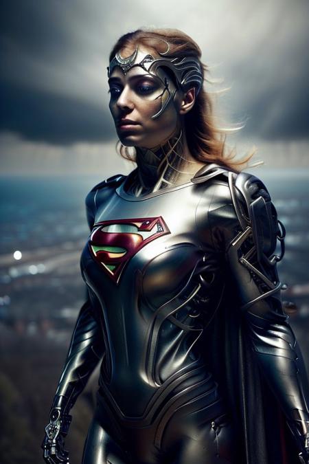 cinematic film still silverpulse, cyborg supergirl, 'S' Logo on chest, red cape, simple background, high quality, artistic, vibrant colors, detailed textures. futuristic sleek/glossy silver and blue glow, vibrant colors, detailed textures., Concept art, cyborg, background, vintage, modern, SilverPulse, superman_oc, <lora:SilverPulseMorphXL:0.8>, excellent composition, artistic, highly detail, holy, sunny, dynamic dramatic beautiful full taking . shallow depth of field, vignette, highly detailed, high budget, bokeh, cinemascope, moody, epic, gorgeous, film grain, grainy,  face focus, face close up,