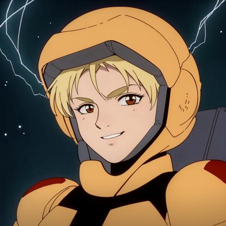 masterpiece,high quality,solo,
<lora:katejinaloos001:0.7>,looking at viewer,smile,
katejinaloos,1girl,
blonde hair,brown eyes,
spacehelmet,
pilot suit,black turtleneck,
lightning from the forehead effect,