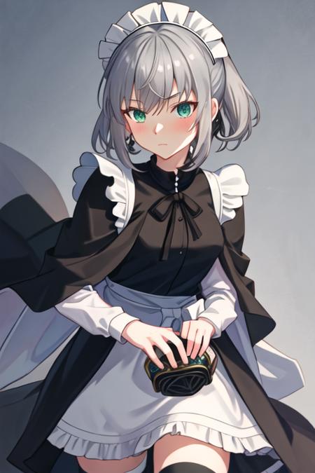 best quality, masterpiece, highres, solo, {maid:1.40}, {long maid dress:1.15}, {gray_fgo:1.15}, bangs, grey_hair, green_eyes, short_hair, hair_between_eyes, cloak, cape, blush, closed_mouth