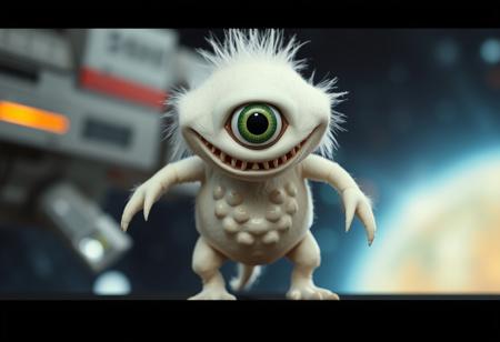 a white muppet with one central alien eye, and real sharp teeth, a scaly belly, and three hoofed legs, spaceship background, bokeh
