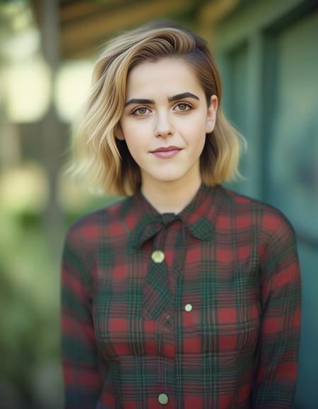 KiernanShipka,<lora:KiernanShipkaSDXL:1>,A portrait of a young beautiful girl, natural complexion soft skin, under cut hair style, highly details, slim-with-curves, green-red Tartan  shirt, outdoor setting, establishing shot