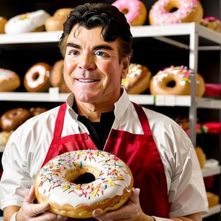 a man eating a donut , (pkpapajohn:1.0), (papa john schnatter:0.8), holding a donut