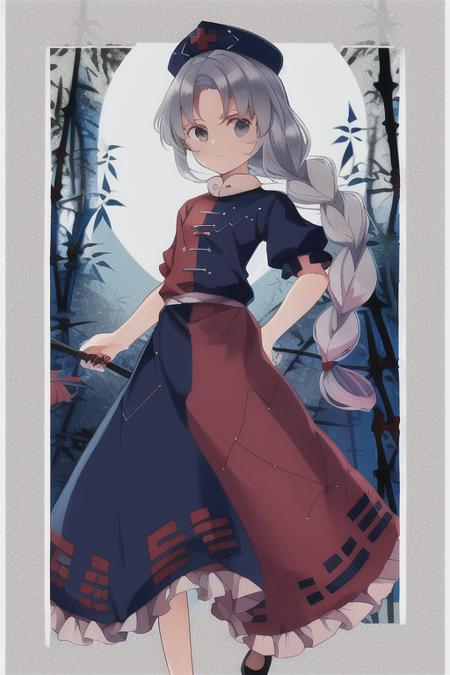 masterpiece, best quality,yagokoro eirin, touhou, long hair, grey hair,red and blue clothes,blue nurse cap, twist braid,standing on the floor,simple background, white background, flat chest, <lora:eirin:1>,standing,moon,night,forest,bamboo forest,standing on square,