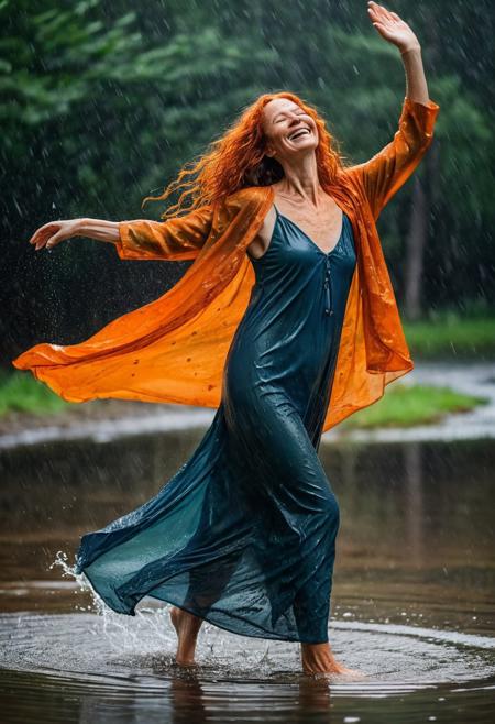 A captivating, cinematic day time photo of an elegant beautiful (older:1.2) woman, (age 50:1.2), dancing in the rain, happily smiling, arms out, with long curly dark orange wet hair mixed with wisps of grey hair, (freckles:1.3), wet skin, looking at camera, full body view. She is dressed in an exquisite, dark blue and orange transparent wet nightgown. Her long orange hair flows elegantly, and her eyes are a striking shade of green. Matching slippers enhances her look. The background is a shallow creek, DarkFantasy, photo, cinematic,