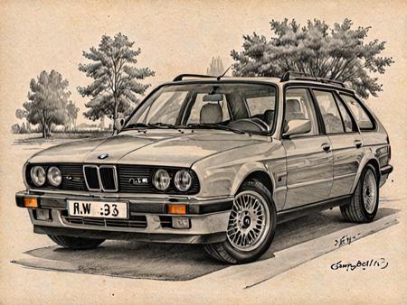 vintage pencil drawing, masterpiece, car, BMW E30 Touring