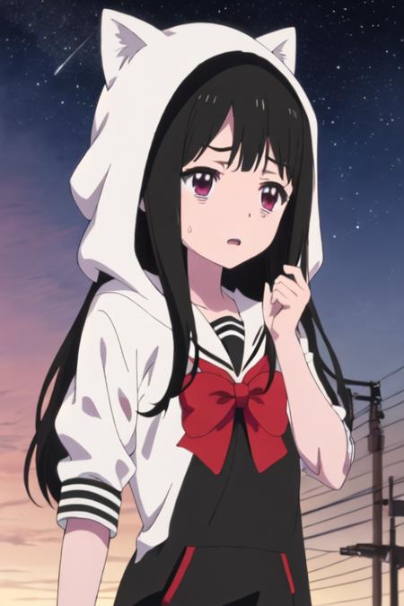 best quality, masterpiece, highres, solo, {aya_asagiri_mahoushoujosite:1.15}, long_hair, black_hair, serafuku, bangs, purple_eyes, anime_coloring, red_eyes, 1girl, hood, night, sky, hoodie, open_mouth, sweatdrop, upper_body, star_\(sky\)