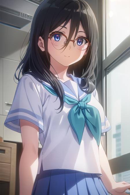 asukatanaka, <lora:asuka tanaka s2-lora-nochekaiser:1>,
asuka tanaka, long hair, black hair, blue eyes, glasses, semi-rimless eyewear, red-framed eyewear, over-rim eyewear, hair between eyes, smile,
BREAK skirt, shirt, school uniform, white shirt, short sleeves, pleated skirt, serafuku, sailor collar, blue skirt, neckerchief, blue sailor collar, school bag, green neckerchief, kitauji high school uniform,
BREAK indoors, classroom,
BREAK looking at viewer, (cowboy shot:1.5),
BREAK <lyco:GoodHands-beta2:1>, (masterpiece:1.2), best quality, high resolution, unity 8k wallpaper, (illustration:0.8), (beautiful detailed eyes:1.6), extremely detailed face, perfect lighting, extremely detailed CG, (perfect hands, perfect anatomy),