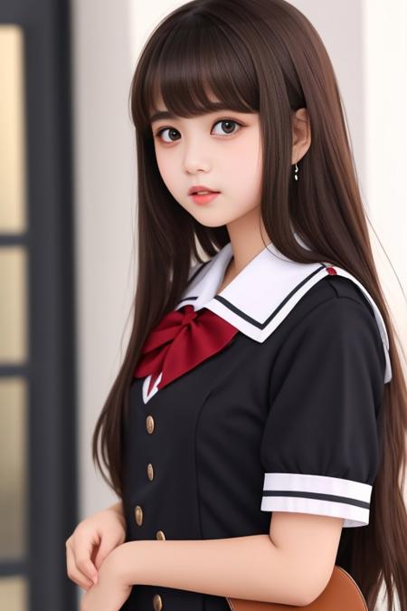 masterpiece,best quality, upper body protrait of (saukztf:1.3), brown long hair, bangs, big eyes, parted lips,  black eyes, school uniform,17 years old,