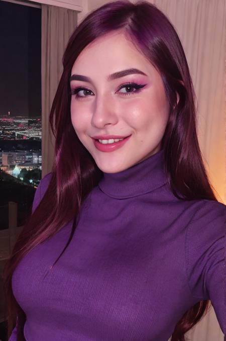 Photo of beautiful d14n4z4mbr0zu5k1 woman smile, detailed face, purple turtleneck blouse, makeup, in an event at night