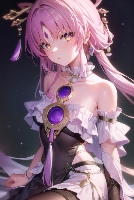 fu xuan, (yellow eyes:1.5), forehead jewel, hair ornament, hair stick, long hair, low twintails, parted bangs, pink hair, twintails, bare shoulders, black dress, bridal gauntlets, detached collar, detached sleeves, dress, jewelry, neck ring, pantyhose, skirt, white pantyhose, white skirt,