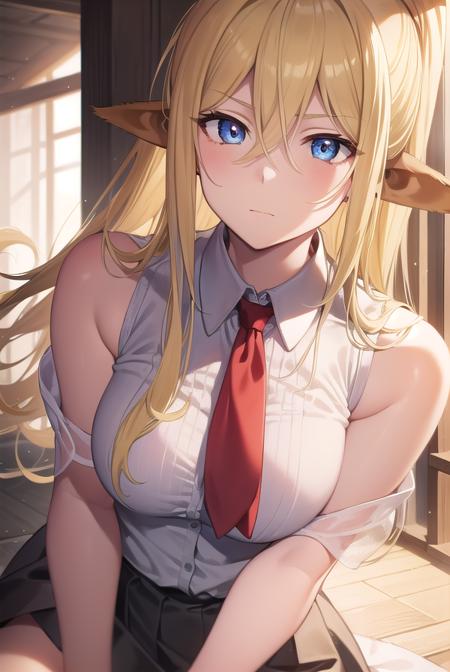 centorea shianus, animal ears, blonde hair, blue eyes, centaur, horse ears, horse tail, long hair, monster girl, ponytail, tail, sleeveless, shirt, white shirt, neckerchief, red neckerchief, collar, skirt, black skirt,