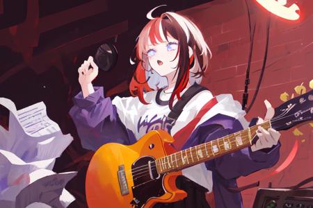 <lora:anko:1>, anko, 1girl, purple_pupils, red_hair, black_streaked_hair, play guitar, exciting