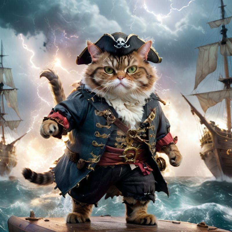 A cute cat in a pirate costume standing on a boat.