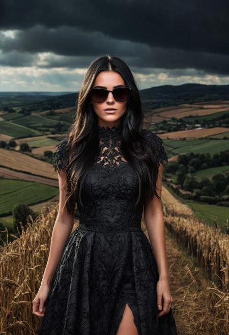 (best quality, 8K, high resolution, masterpiece), ultra detailed, (3D CGI), black sunglasses, trendy, fashionable, 1girl, long black hair, long black fancy dress,  on a black background, countryside advertising, winning photo,