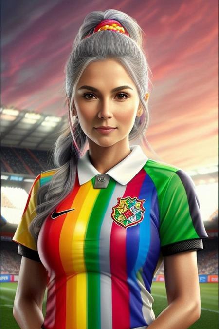 Skittles, Taist the rainbow, skittles theme, Older mature female, 39 years old, long gray hair, high-ponytail, round face, closed up portrait,  anatomic correct bodies, lots of detail, soccer stadium, grass, center spot soccer field, standing, hands out of view, beautiful make-up, feminine, soccer shirt made of skittles, Romanian emblem, small vertical red and blue line, stretched decorations in the colors of the Romanian flag, uniform made of skittles.