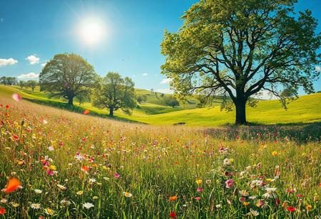 A sun-drenched meadow filled with wildflowers in bloom, soft green hills rolling into the distance beneath a clear blue sky. Petals drift in the breeze, and trees burst with fresh leaves. Painterly, dreamy, Claude Monet, Alena Aenami.