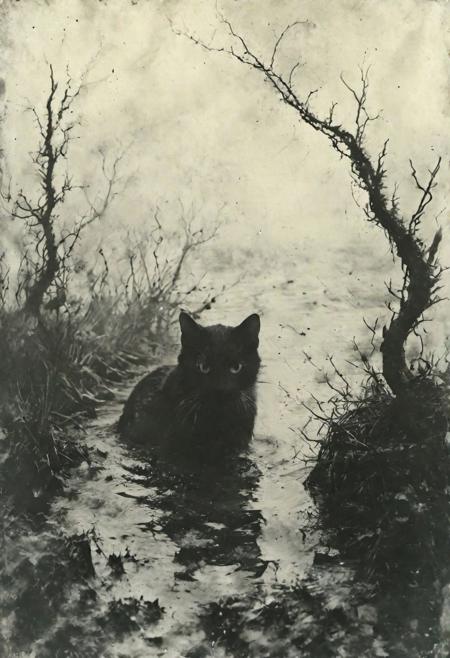 35mm Vintage photo of  a cat in the swamps sticks its head out of the water, vines,  preparing to attack,  <lora:Desolation:0.8>